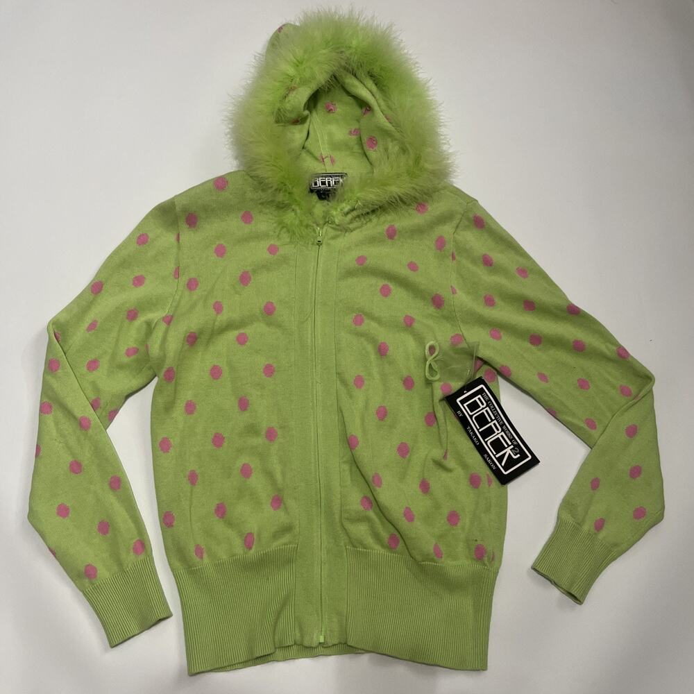 90s Y2K VTG S Lime Green Pink Polka Dot Zip Sweater Fur Hood Lizzie McGuire